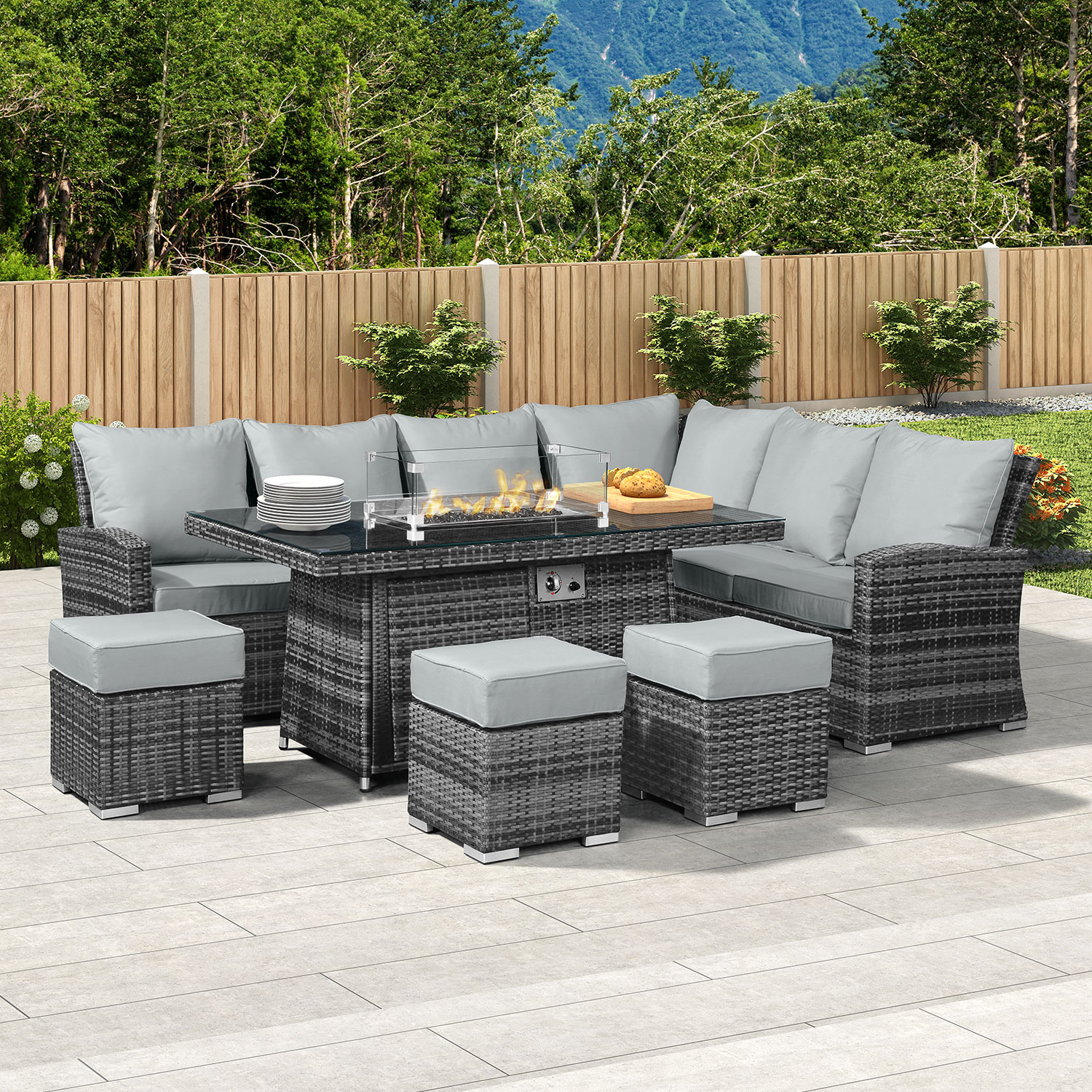 Cambridge Fireglow Right Hand Rattan, Patio Dining Set With Fire Pit In The Middle
